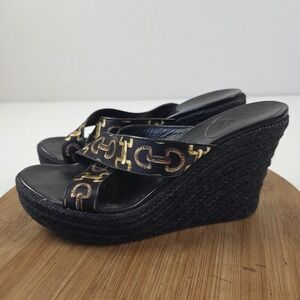 Gucci Shoes Womens Size 8.5 Black Espadrille Wedge Sandals Chain Print Slide